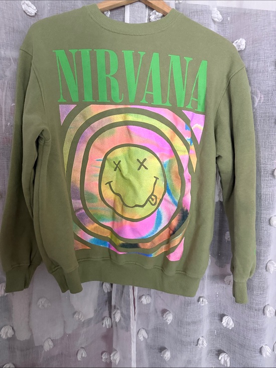 Cotton On Sweaters - Cotton On Olive Green Nirvana Crewneck with Iridescent Smiley